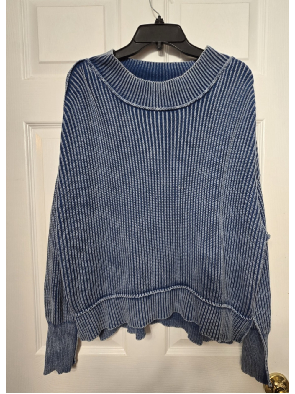 Zenana Blue Acid Wash Chunky Ribbed Knit Sweater S/M